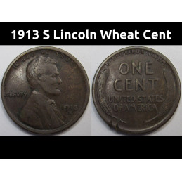 1913 S Lincoln Wheat Cent - antique San Francisco mintmark wheat penny