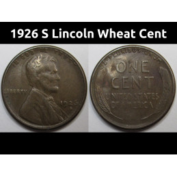 1926 S Lincoln Wheat Cent - antique San Francisco mintmark American wheat penny