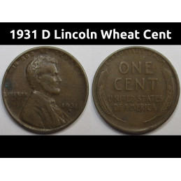 1931 D Lincoln Wheat Cent - antique Great Depression era American wheat penny