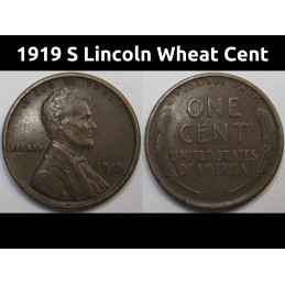 1919 S Lincoln Wheat Cent - antique higher grade wheat penny from San Francisco