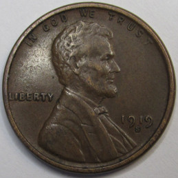 1919 S Lincoln Wheat Cent - antique higher grade wheat penny from San Francisco