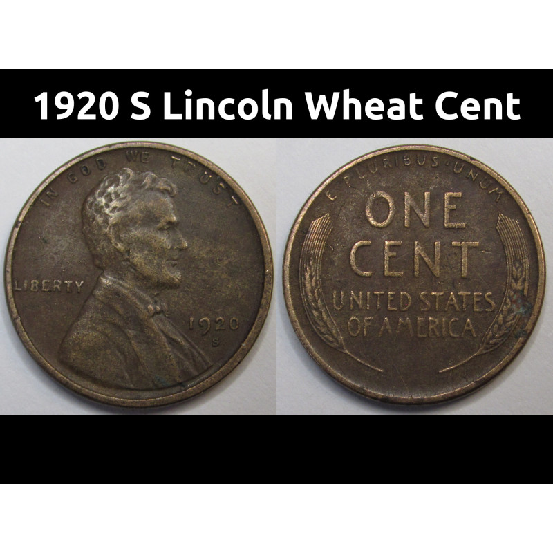 1920 S Lincoln Wheat Cent - antique San Francisco mintmark American wheat penny