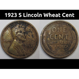 1923 S Lincoln Wheat Cent - lower mintage antique San Francisco mintmark penny