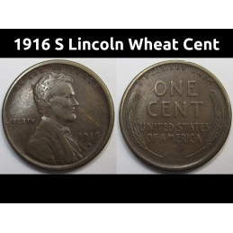 1916 S Lincoln Wheat Cent - antique San Francisco mintmark American wheat penny