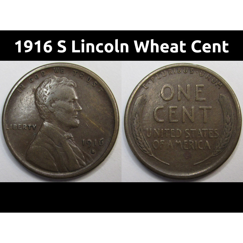 1916 S Lincoln Wheat Cent - antique San Francisco mintmark American wheat penny