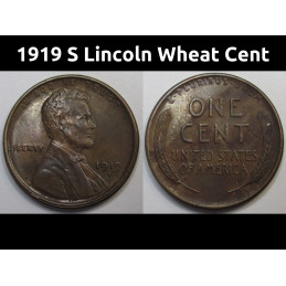 1919 S Lincoln Wheat Cent - antique higher grade San Francisco mintmark wheat penny coin