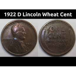 1922 D Lincoln Wheat Cent - antique low mintage Denver mintmark American wheat penny