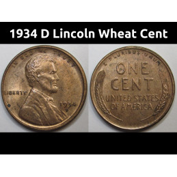 1934 D Lincoln Wheat Cent - antique Great Depresssion era Denver mintmark American wheat penny