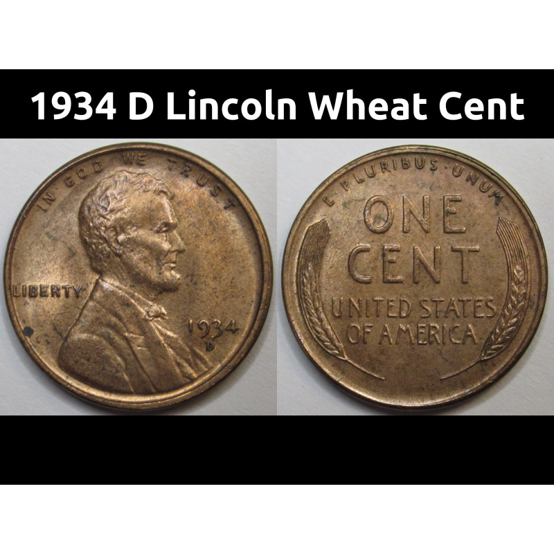 1934 D Lincoln Wheat Cent - antique Great Depresssion era Denver mintmark American wheat penny