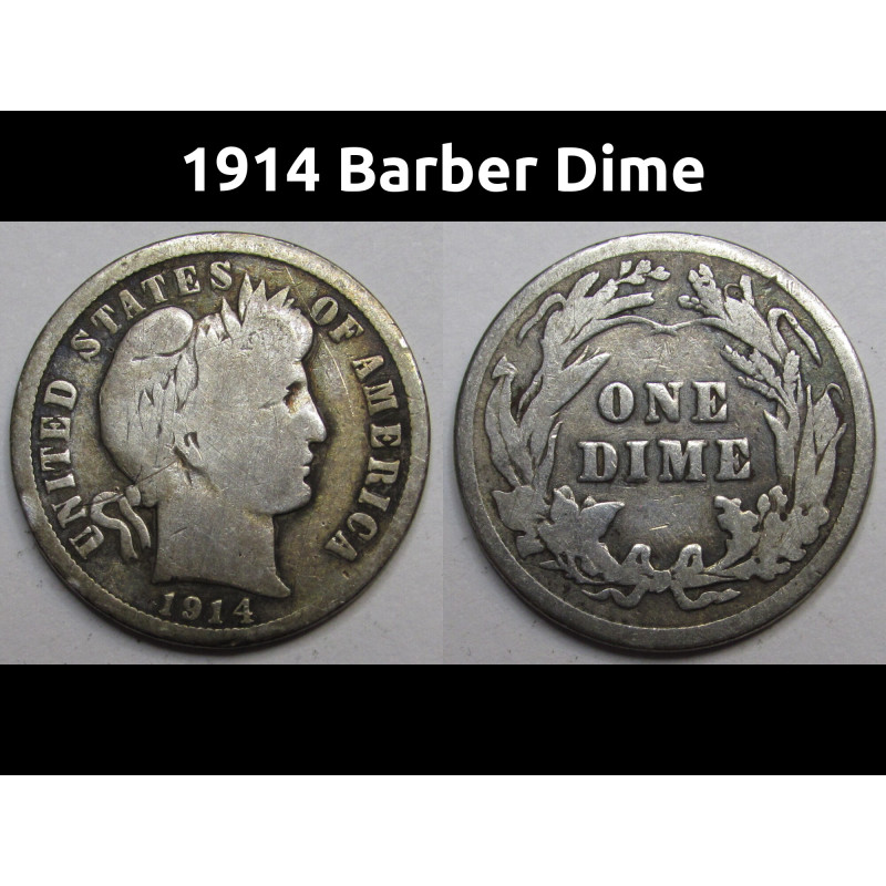 1914 Barber Dime - antique silver American dime coin