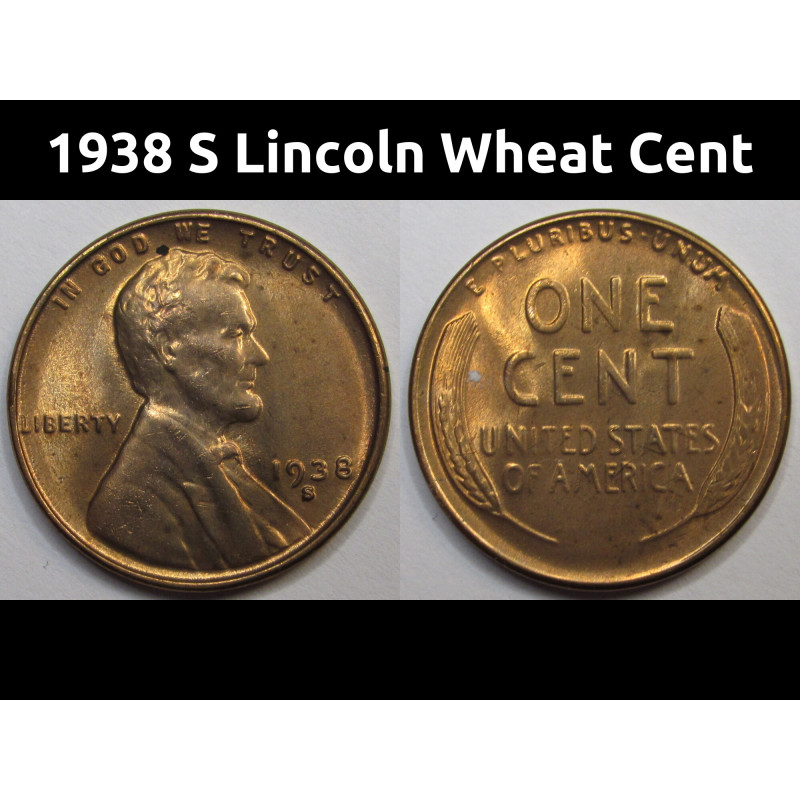 1938 S Lincoln Wheat Cent - antique San Francisco mintmark uncirculated American penny