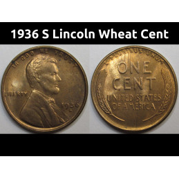 1936 S Lincoln Wheat Cent - antique San Francisco mintmark uncirculated wheat penny