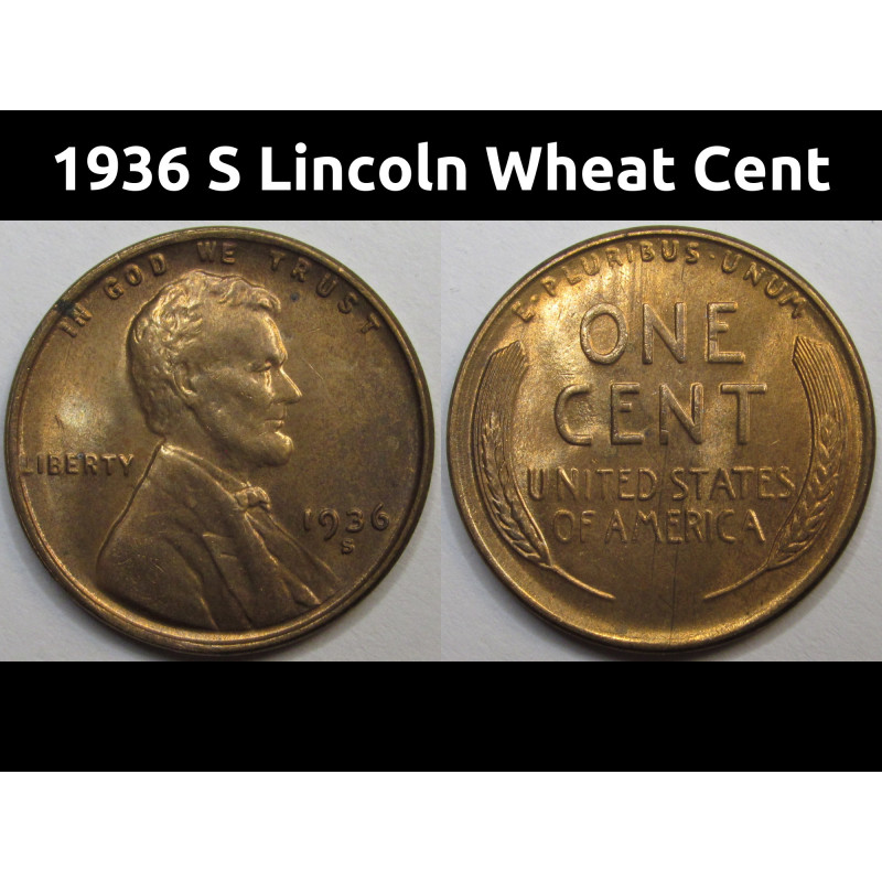 1936 S Lincoln Wheat Cent - antique San Francisco mintmark uncirculated wheat penny