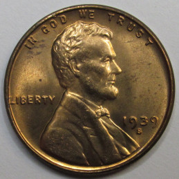 1939 S Lincoln Wheat Cent - antique San Francisco mintmark uncirculated American penny