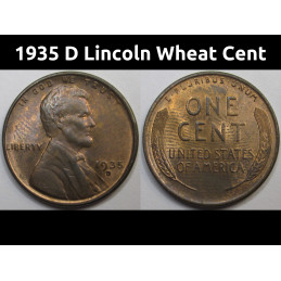 1935 D Lincoln Wheat Cent - antique uncirculated American wheat penny