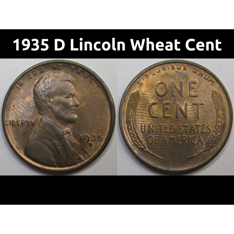 1935 D Lincoln Wheat Cent - antique uncirculated American wheat penny