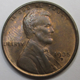 1935 D Lincoln Wheat Cent - antique uncirculated American wheat penny