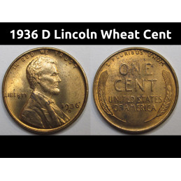 1936 D Lincoln Wheat Cent - antique uncirculated American wheat penny