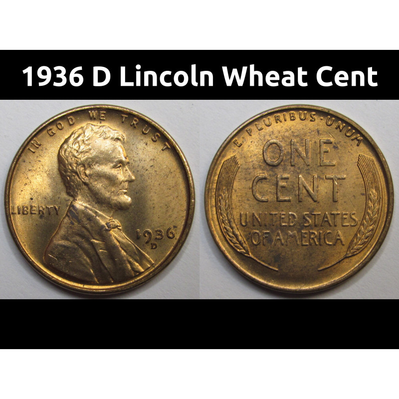 1936 D Lincoln Wheat Cent - antique uncirculated American wheat penny