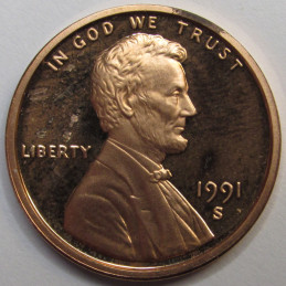 1991 S Lincoln Memorial Cent - vintage San Francisco mintmark American proof penny