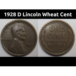 1928 D Lincoln Wheat Cent - antique Denver mintmark American wheat penny coin