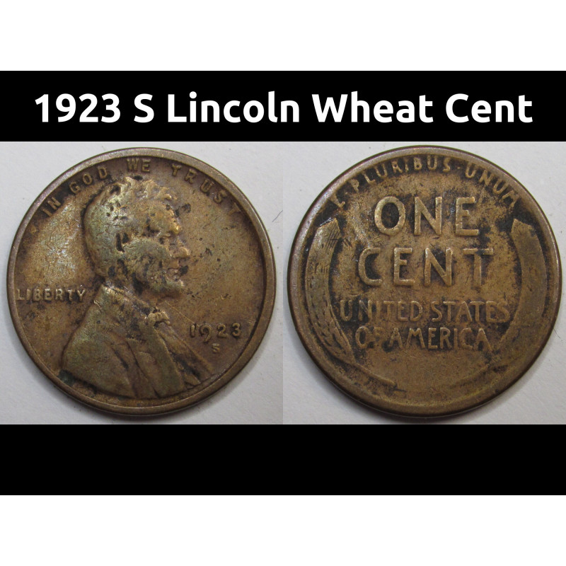 1923 S Lincoln Wheat Cent - antique San Francisco mintmark American wheat penny