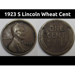 1923 S Lincoln Wheat Cent - antique better date San Francisco mintmark American wheat penny