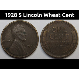 1928 S Lincoln Wheat Cent - antique San Francisco mintmark American wheat penny