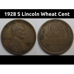 1928 S Lincoln Wheat Cent - antique S mintmark American wheat penny