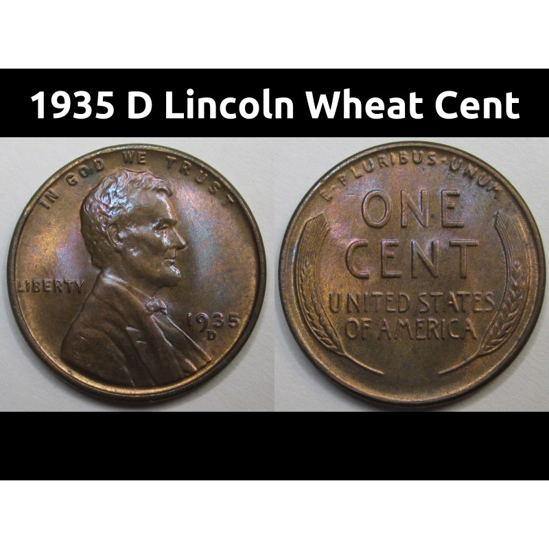 1935 D Lincoln Wheat Cent - antique toned uncirculated Denver mintmark wheat penny