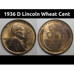 1936 D Lincoln Wheat Cent - antique uncirculated Denver mintmark American wheat penny