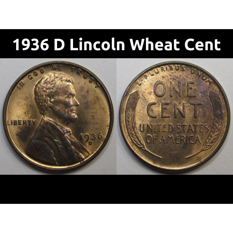 1936 D Lincoln Wheat Cent - antique uncirculated Denver mintmark American wheat penny