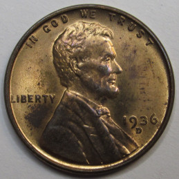 1936 D Lincoln Wheat Cent - antique uncirculated Denver mintmark American wheat penny