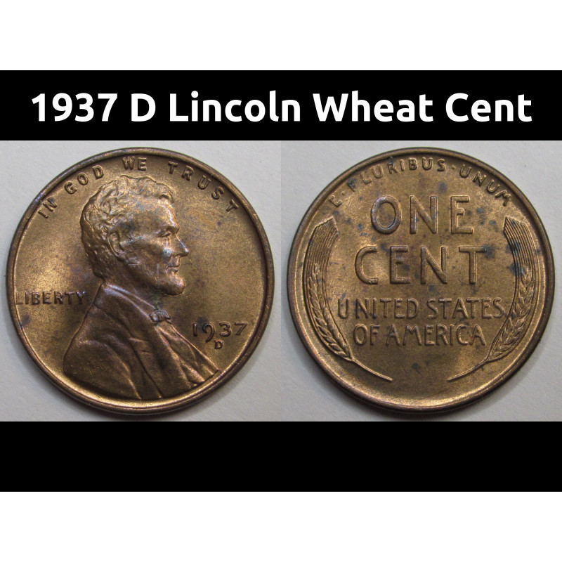 1937 D Lincoln Wheat Cent - antique Denver mintmark uncirculated wheat penny