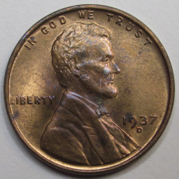 1937 D Lincoln Wheat Cent - antique Denver mintmark uncirculated wheat penny