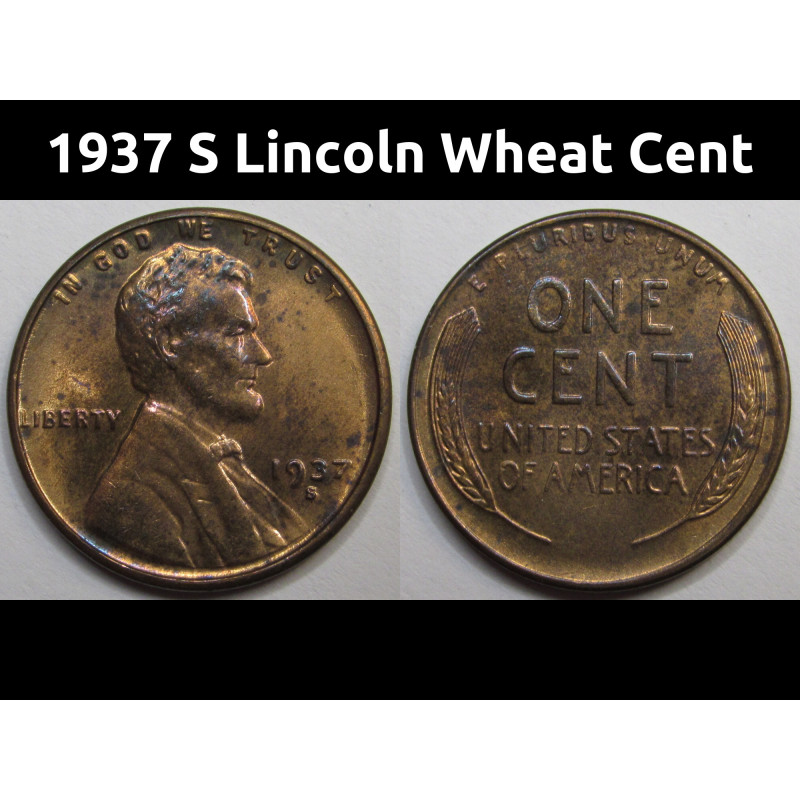 1937 S Lincoln Wheat Cent - antique Great Depression era S mintmark uncirculated penny