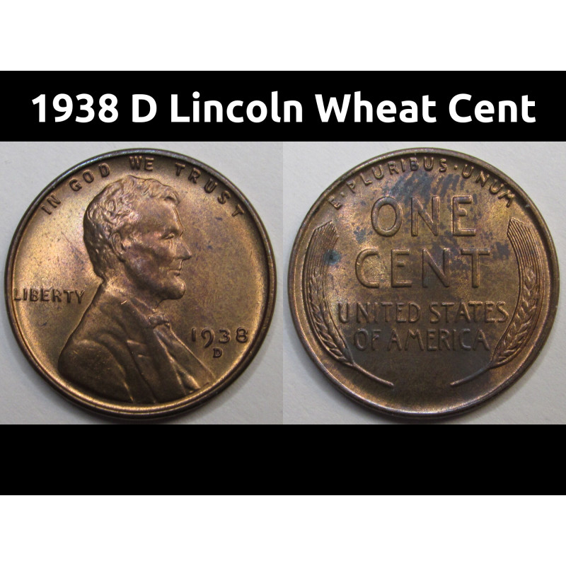 1938 D Lincoln Wheat Cent - antique D mintmark uncirculated wheat penny