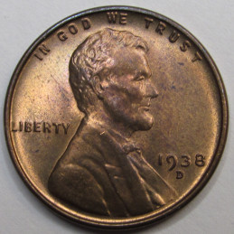 1938 D Lincoln Wheat Cent - antique D mintmark uncirculated wheat penny