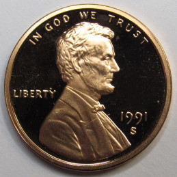 1991 S Lincoln Memorial Cent - vintage ninetines American proof penny