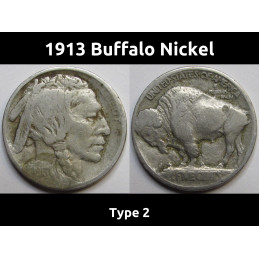 1913 Buffalo Nickel - Type 2 - antique first year of issue coin with flat ground