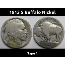 1913 S Buffalo Nickel - Type 1 - antique San Francisco mintmark scarce variety coin