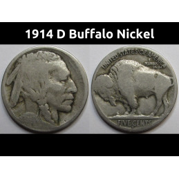 1914 D Buffalo Nickel - antique key date Denver mintmark American coin