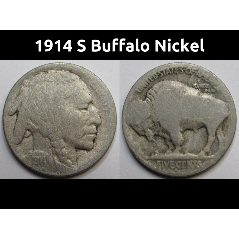 1914 S Buffalo Nickel - antique San Frrancisco mintmark American Indian coin