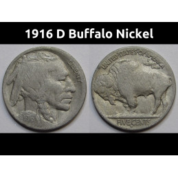 1916 D Buffalo Nickel - historic Denver mintmark antique American Indian coin