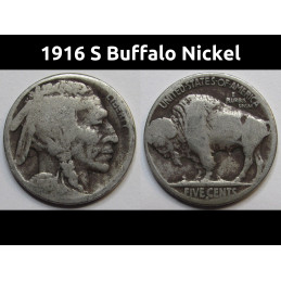 1916 S Buffalo Nickel - antique San Francisco mintmark American Indian coin