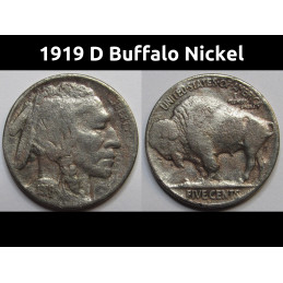 1919 D Buffalo Nickel - better date Denver mintmark antique American Indian coin