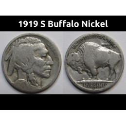 1919 S Buffalo Nickel - antique San Francisco mintmark American Indian coin