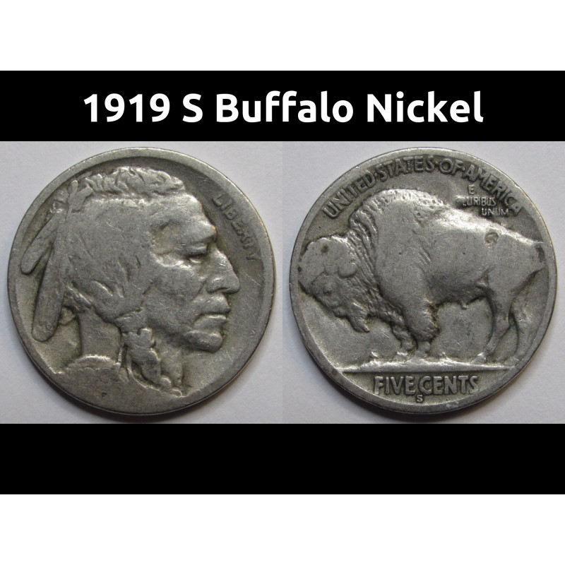 1919 S Buffalo Nickel - antique San Francisco mintmark American Indian coin