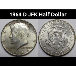 1964 D JFK Half Dollar - vintage Denver mintmark American 90 percent silver coin