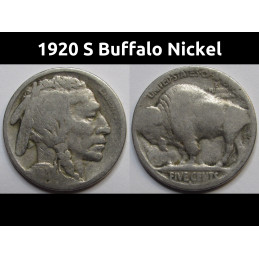 1920 S Buffalo Nickel - antique San Francisco mintmark American Indian coin